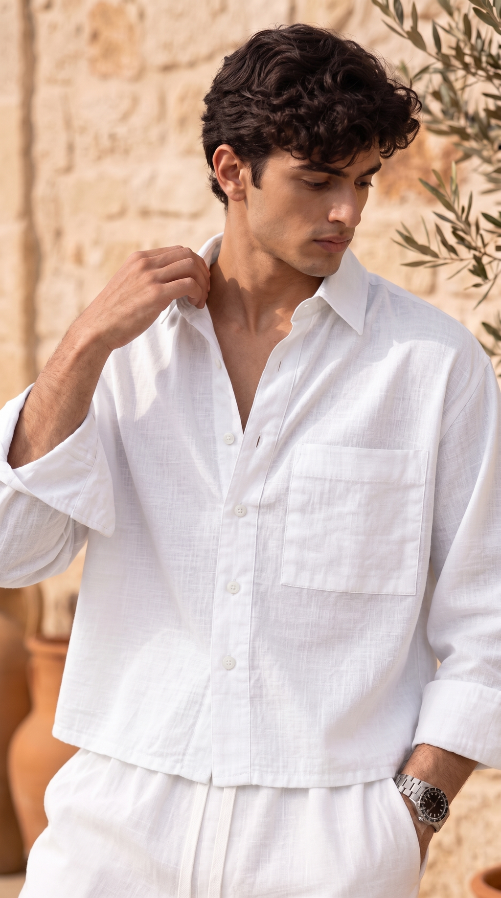 Full Sleeve White Boxy Fit Pure Belgium Linen Crop Shirt