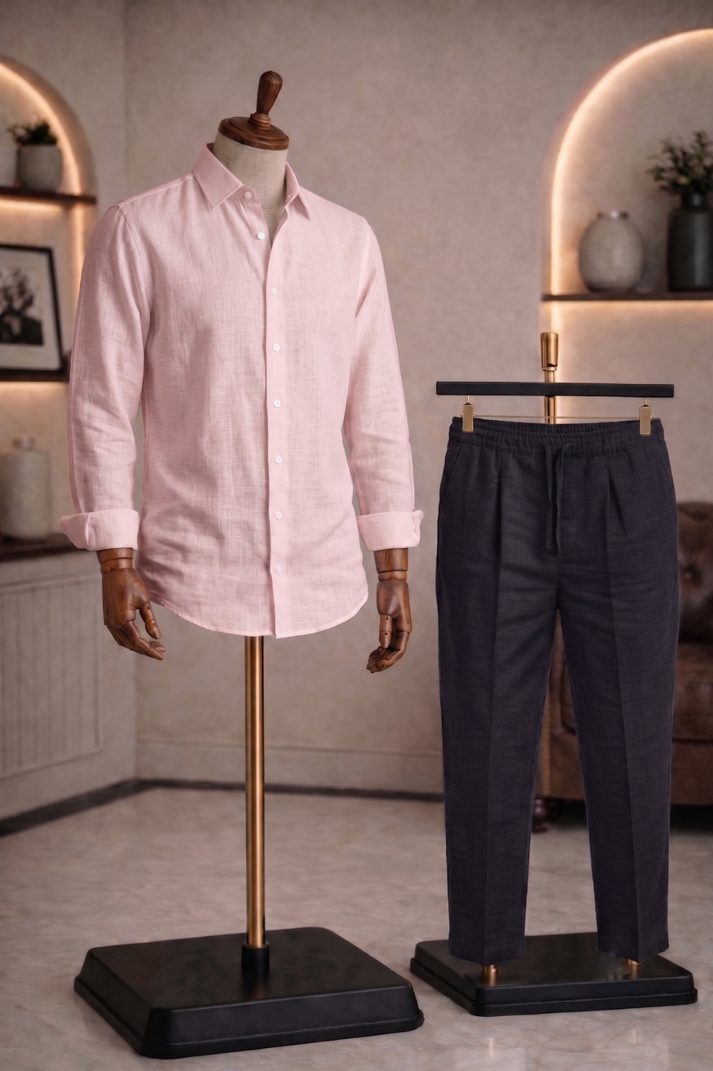 Full Sleeve Linen Pair For Men | Powder Pink Linen Shirt with Black Linen Pant by french cuff