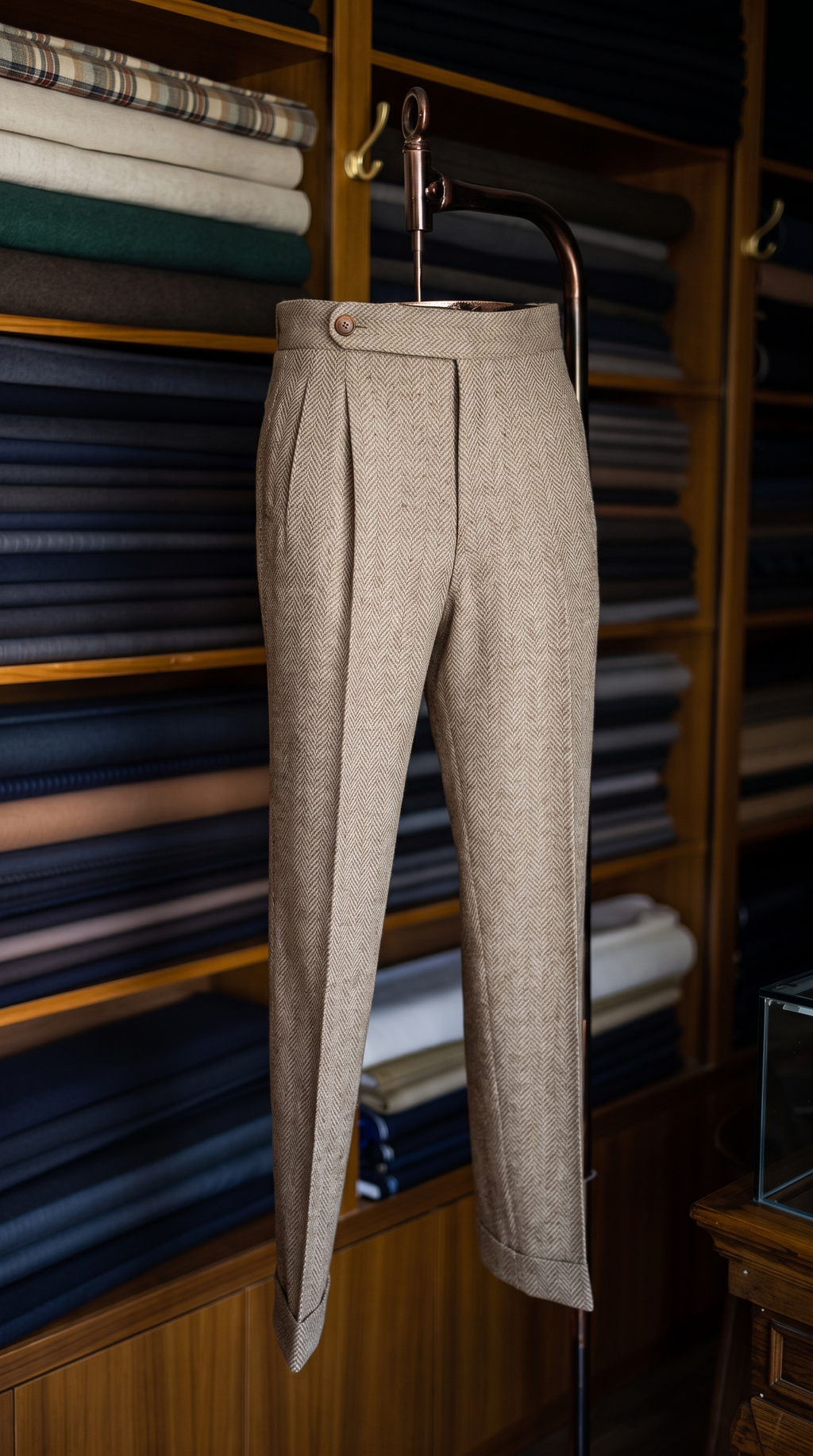 Imperial Beige Herringbone Double Pleated Trousers For Men