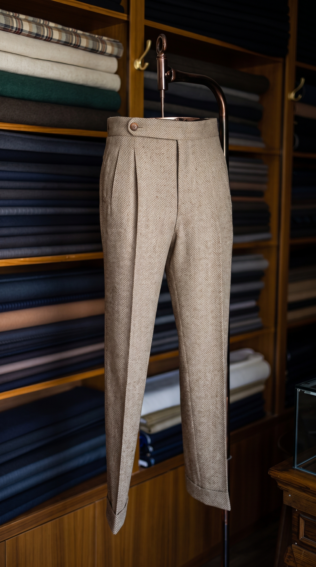 Imperial Beige Herringbone Double Pleated Trousers For Men