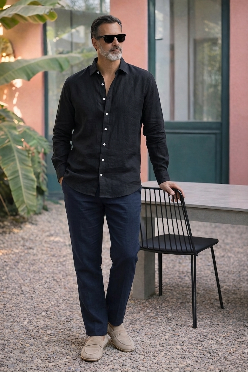 Full Sleeve Linen Pair For Men | Black Linen Shirt with Navy Linen Pant