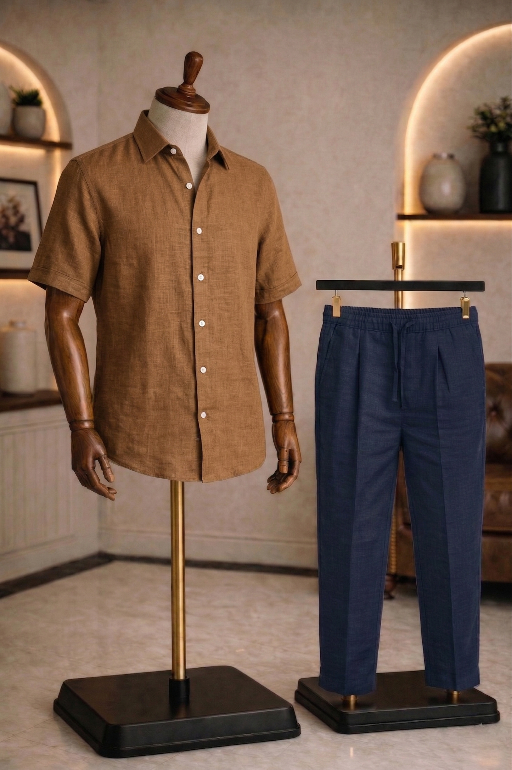 Half Sleeve Linen Pair For Men | Brown Linen Shirt with navy Linen Pant