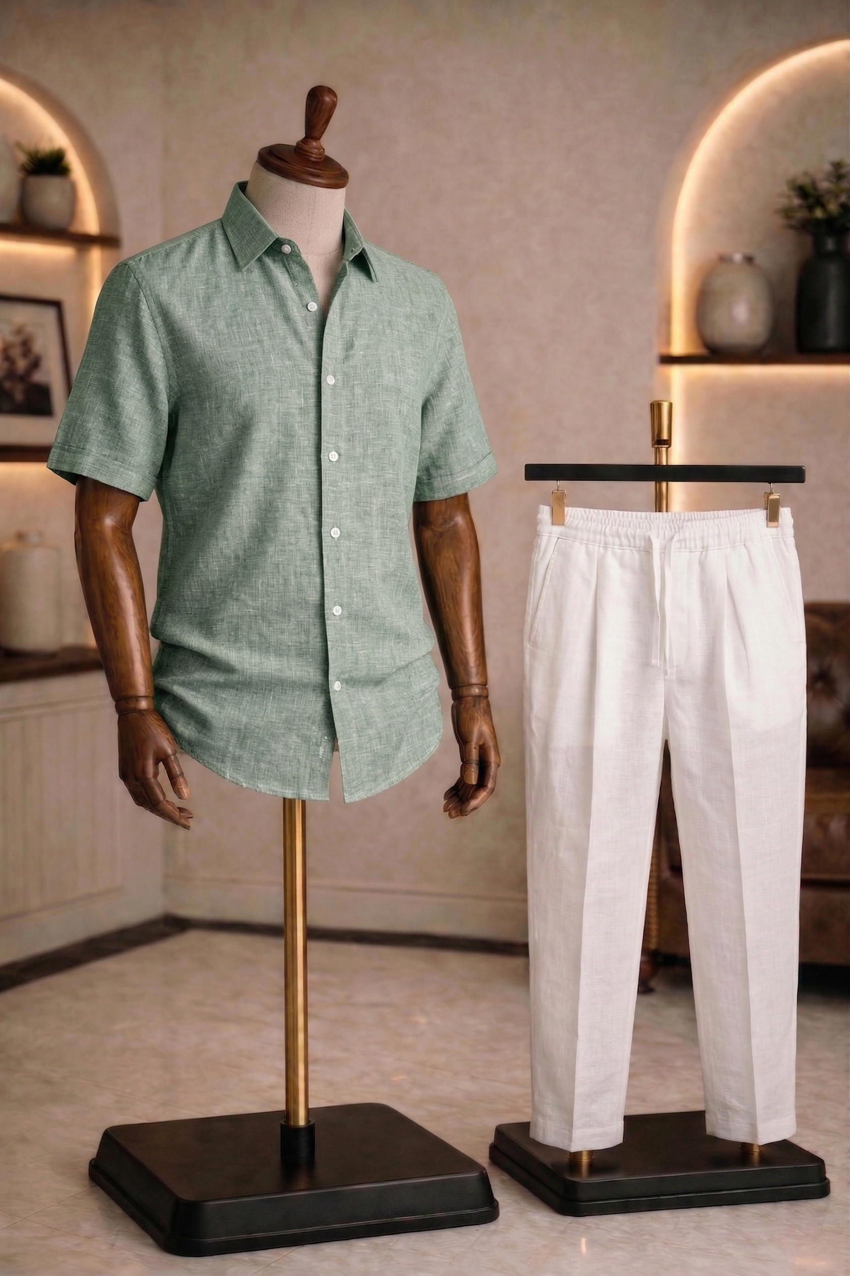 Half Sleeve Linen Pair For Men | Minty Green Linen Shirt with White Linen Pant