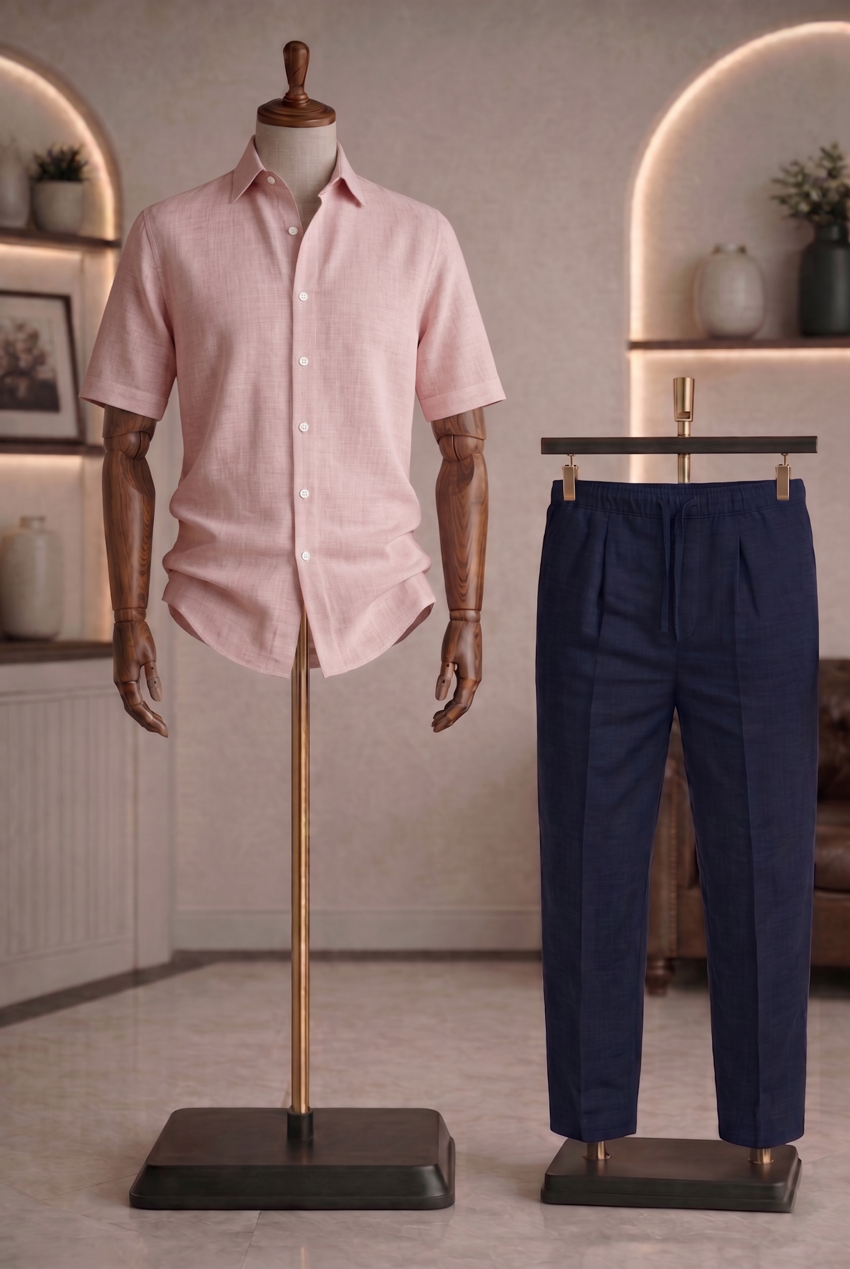 Half Sleeve Linen Pair For Men | Powder Pink Linen Shirt with Navy Linen Pant by french cuff