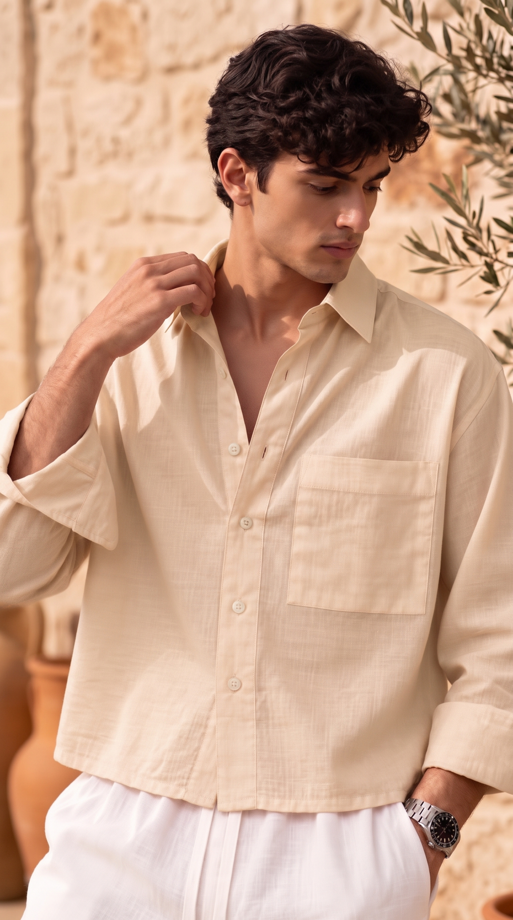 Full Sleeve Khaki Boxy Fit Pure Belgium Linen Crop Shirt