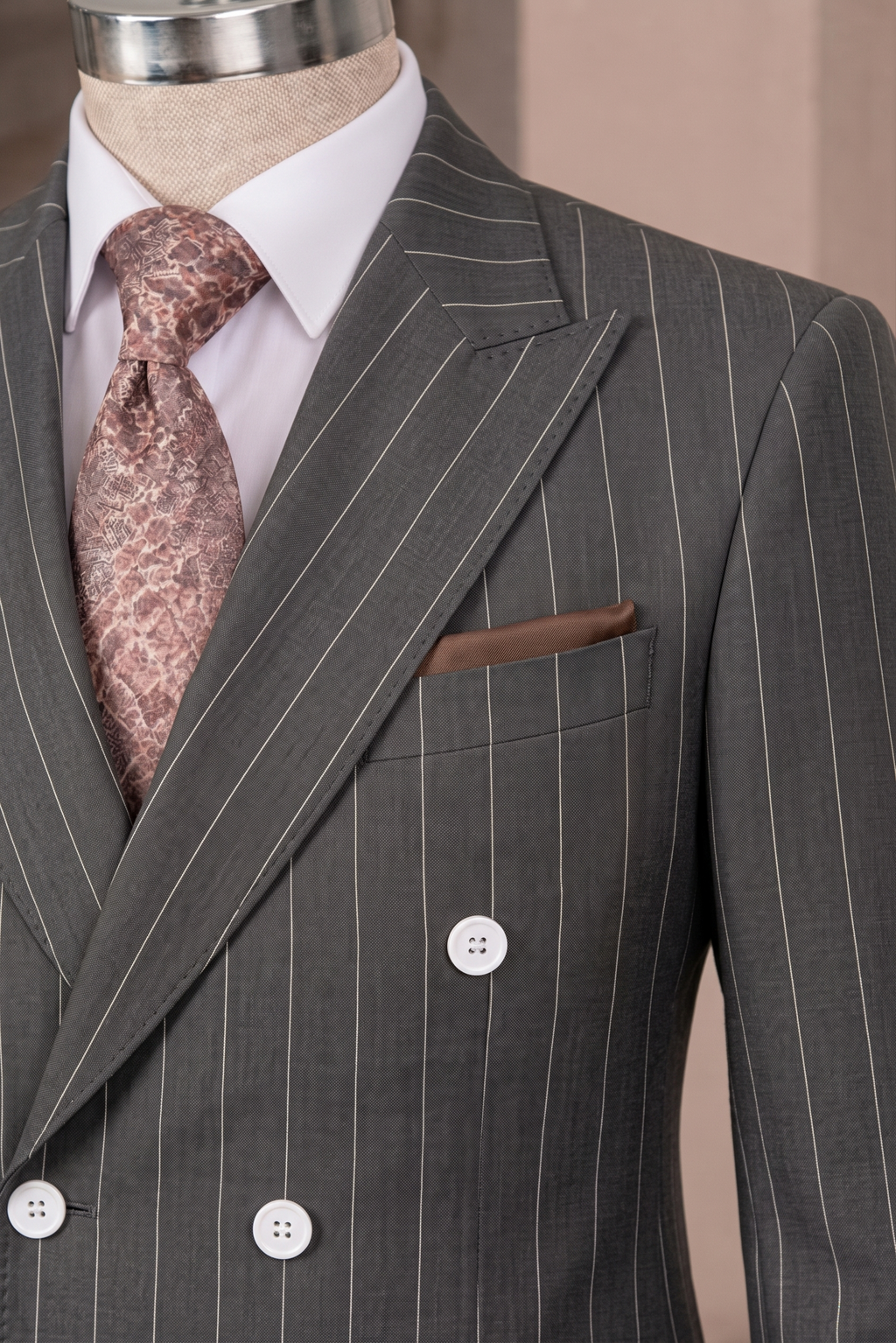 French Cuff Men's Gunmetal Striped Double Breasted Blazer