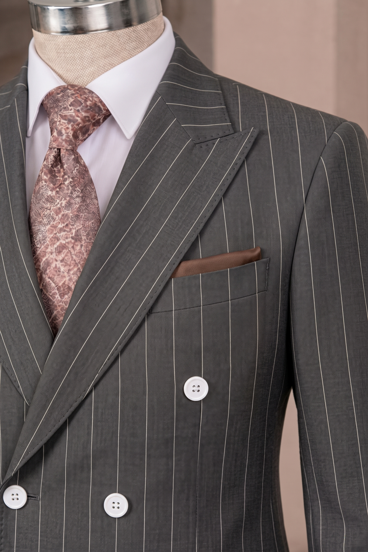 French Cuff Men's Gunmetal Striped Double Breasted Blazer