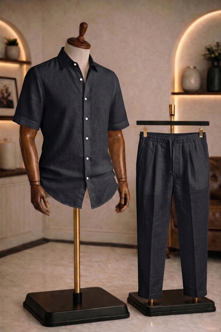 Half Sleeve Linen Pair For Men | Black Linen Shirt with Black Linen Pant
