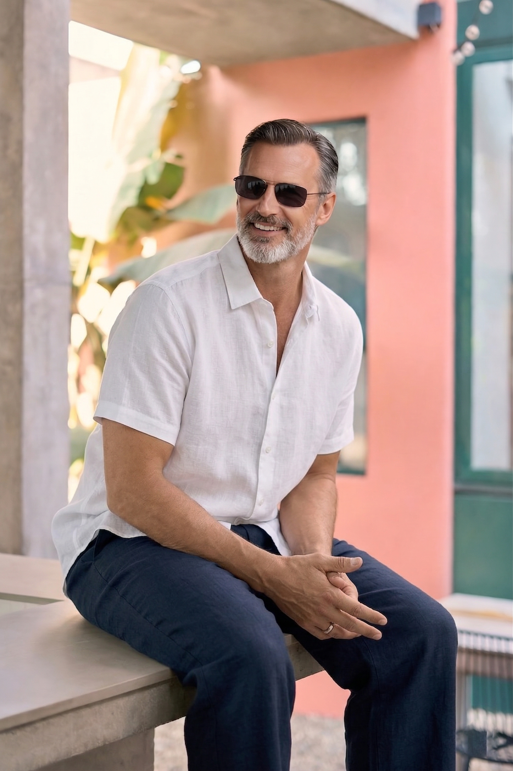 Half Sleeve Linen Pair For Men | White Linen Shirt with Navy Linen Pant