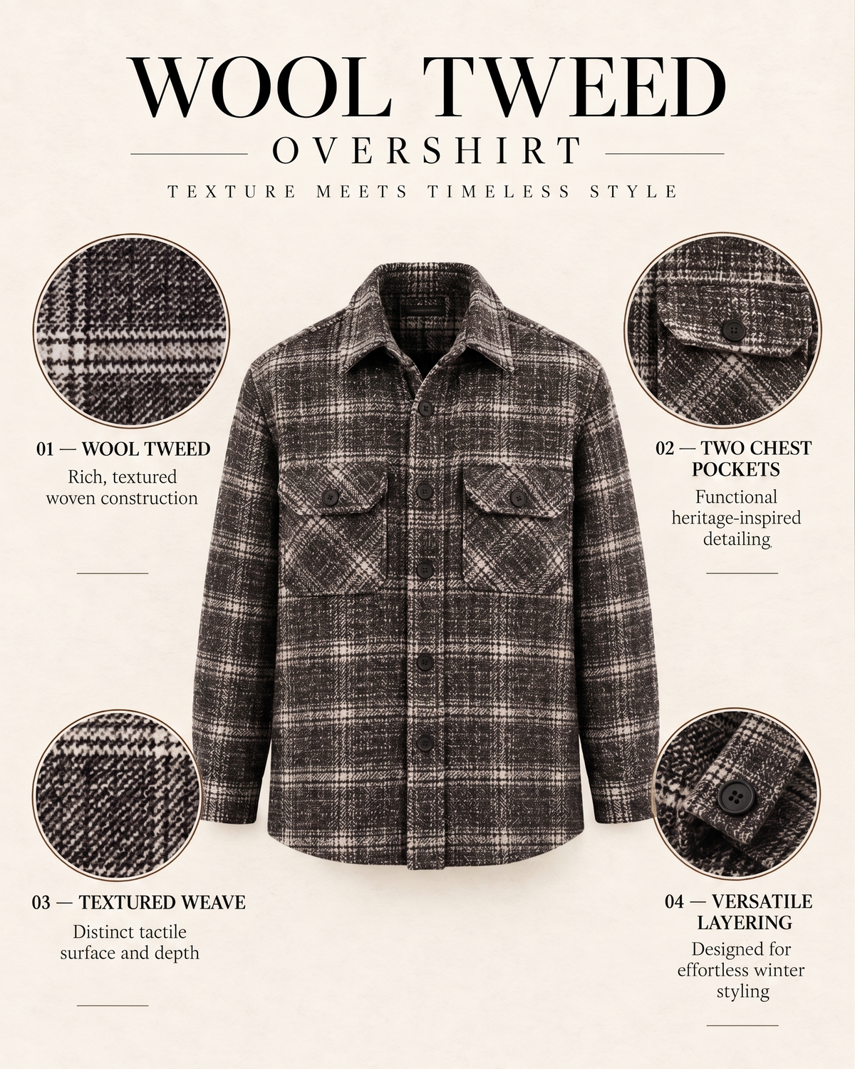 Melange Plaid Grey and Beige Premium Wool Shirt for men
