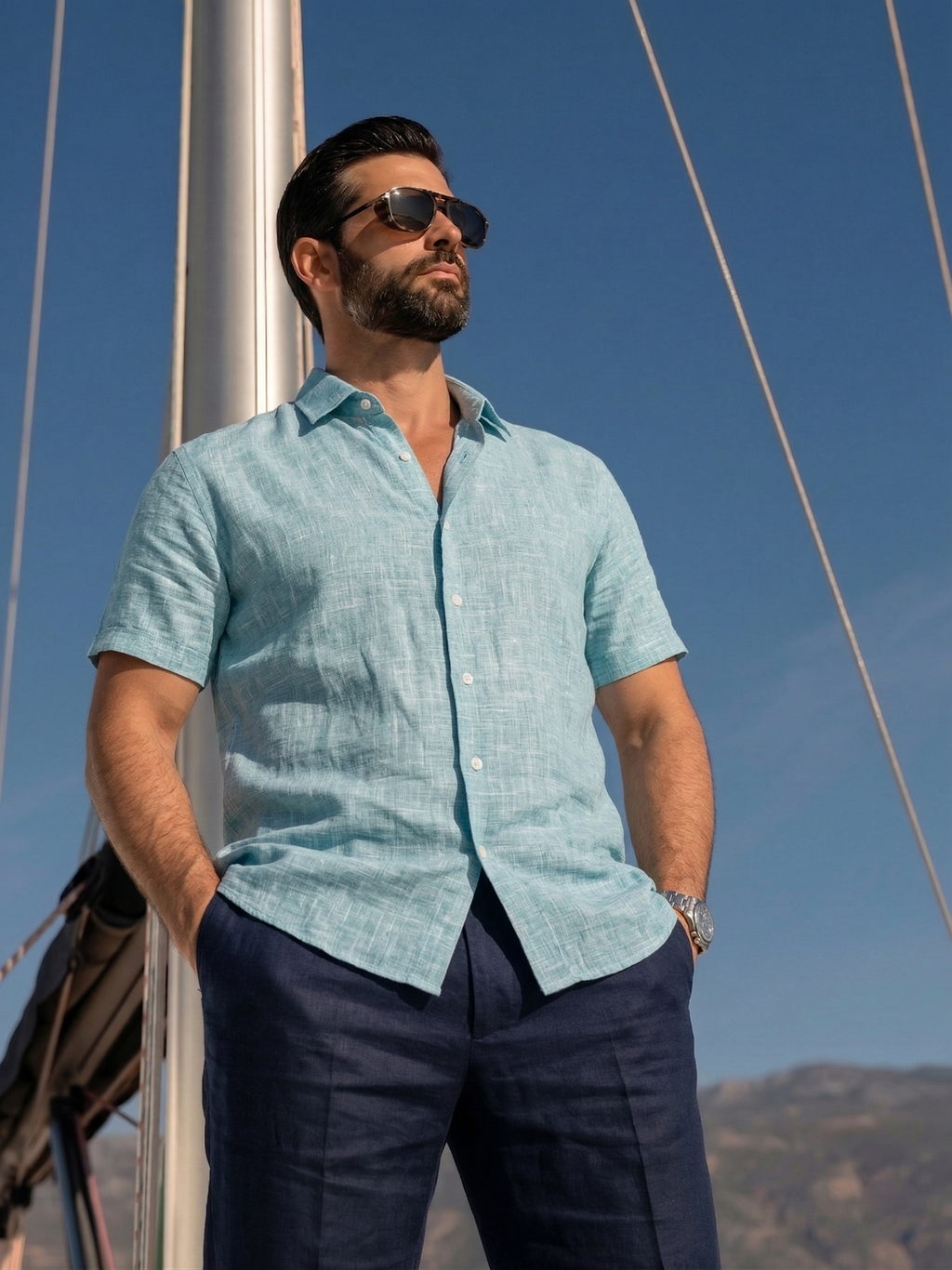 Half Sleeve Linen Pair For Men | Sky Blue Linen Shirt with Navy Linen Pant