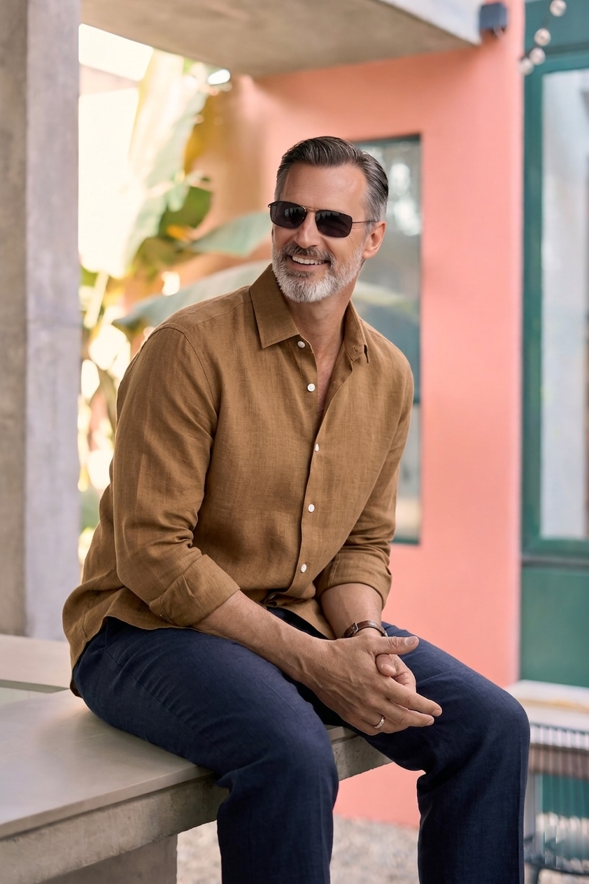 Full Sleeve Linen Pair For Men | Brown Linen Shirt with navy Linen Pant