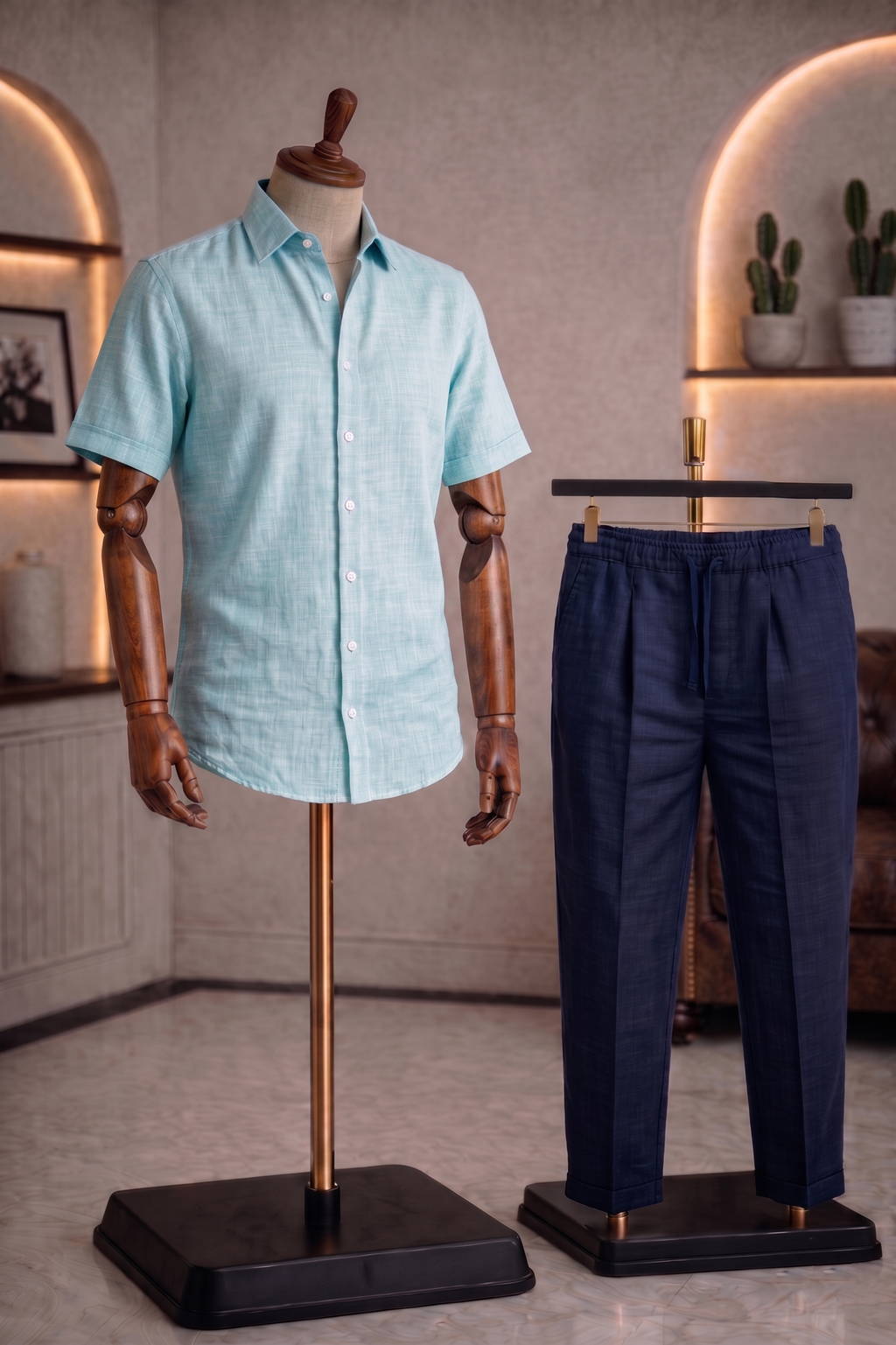 Half Sleeve Linen Pair For Men | Sky Blue Linen Shirt with Navy Linen Pant