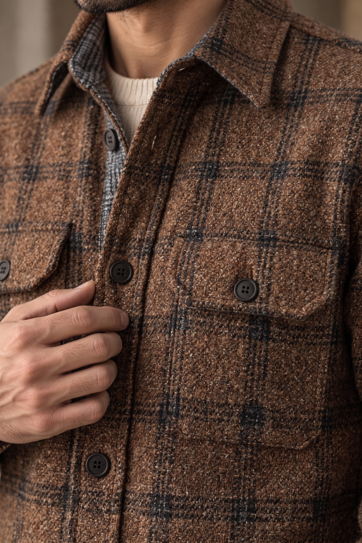 Melange Brown Checked Premium Wool Shirt For Men