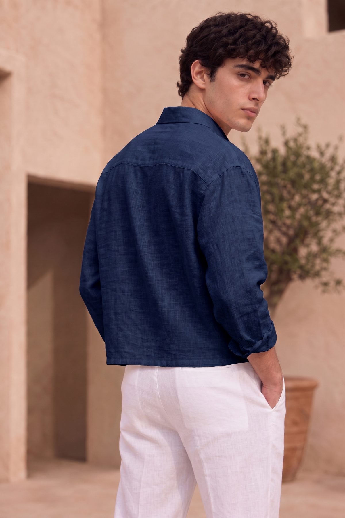 Full Sleeve Navy Boxy Fit Pure Belgium Linen Crop Shirt