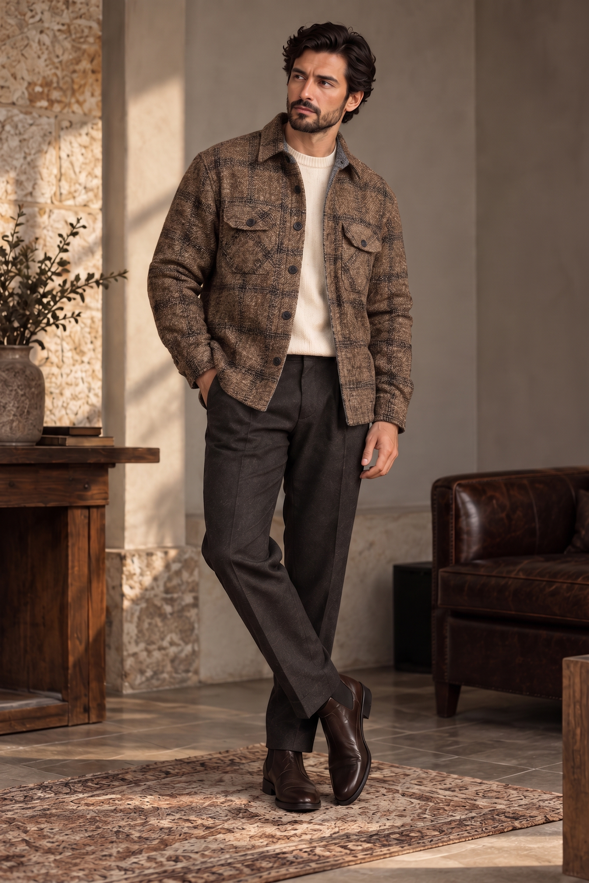 Melange Brown Checked Premium Wool Shirt For Men