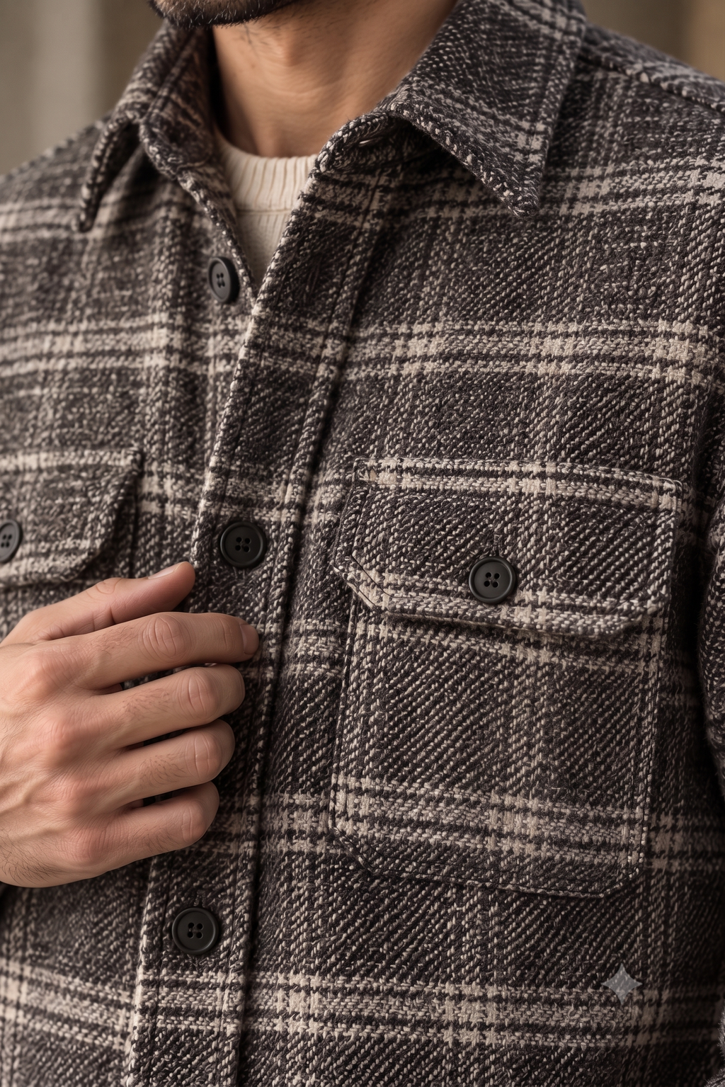 Melange Plaid Grey and Beige Premium Wool Shirt for men