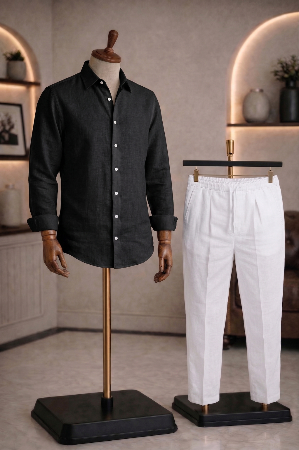 Full Sleeve Linen Pair For Men | Black Linen Shirt with White Linen Pant