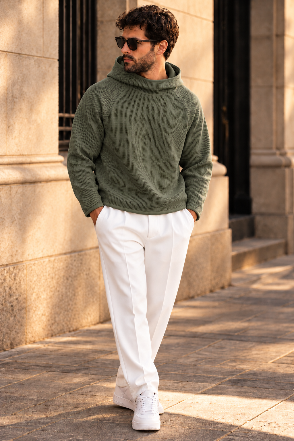 Men’s Green Waffle Knit Hoodie | Cowl Neck Pullover