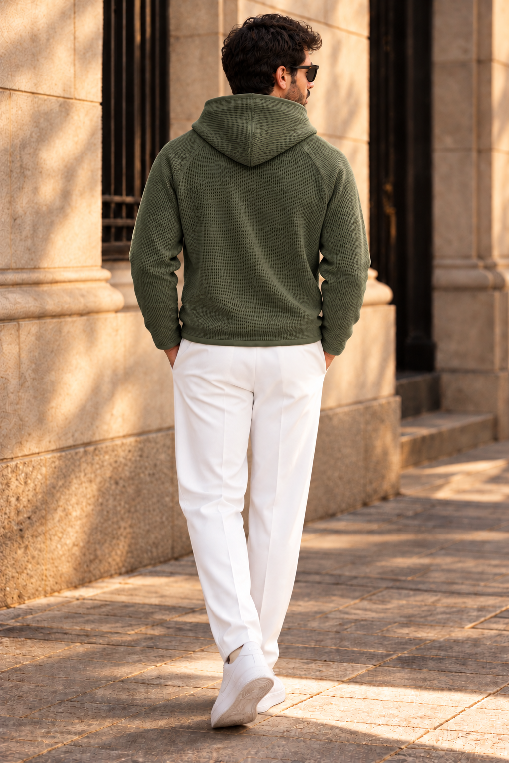 Men’s Green Waffle Knit Hoodie | Cowl Neck Pullover