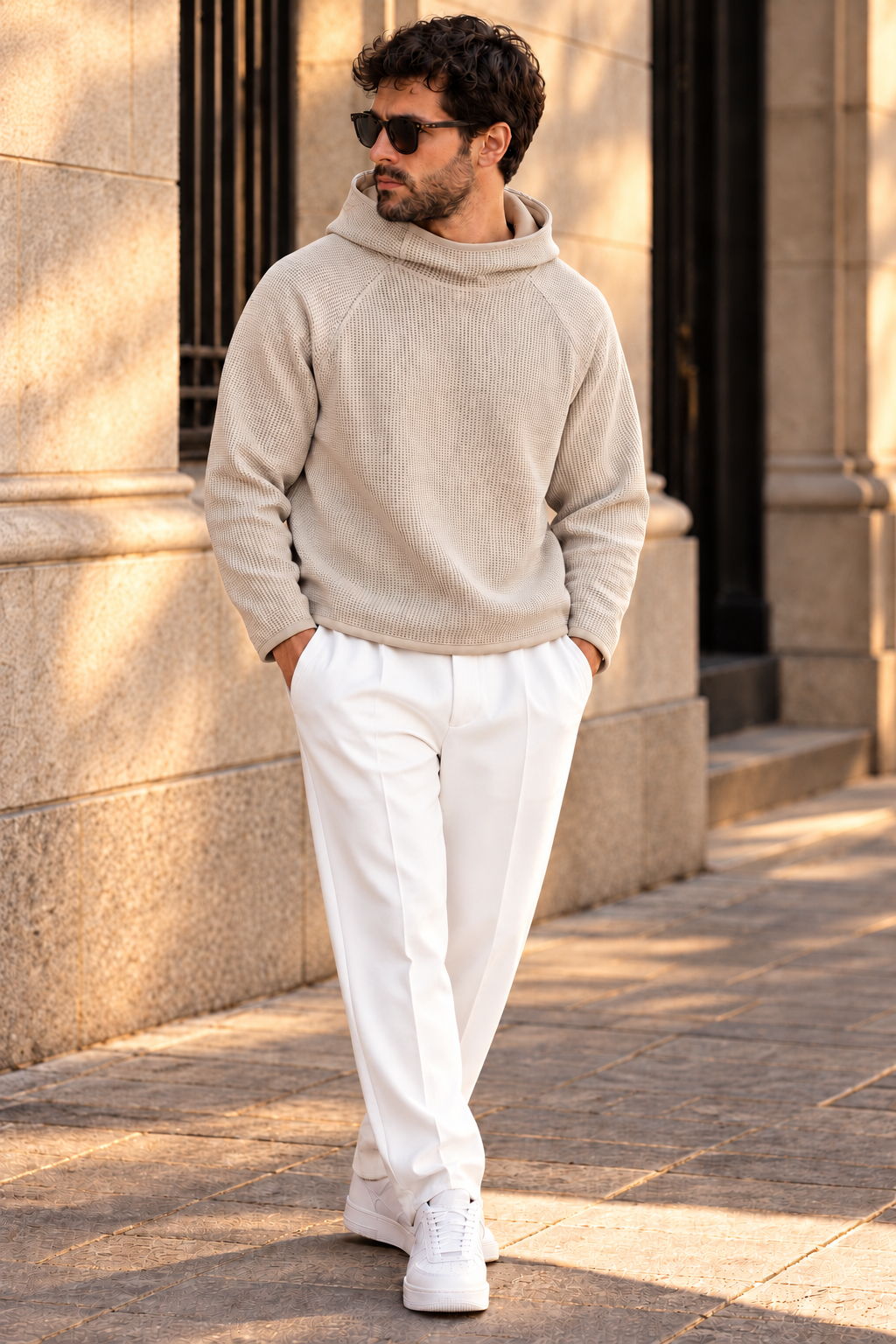 Men’s Beige Waffle Knit Hoodie | Cowl Neck Pullover