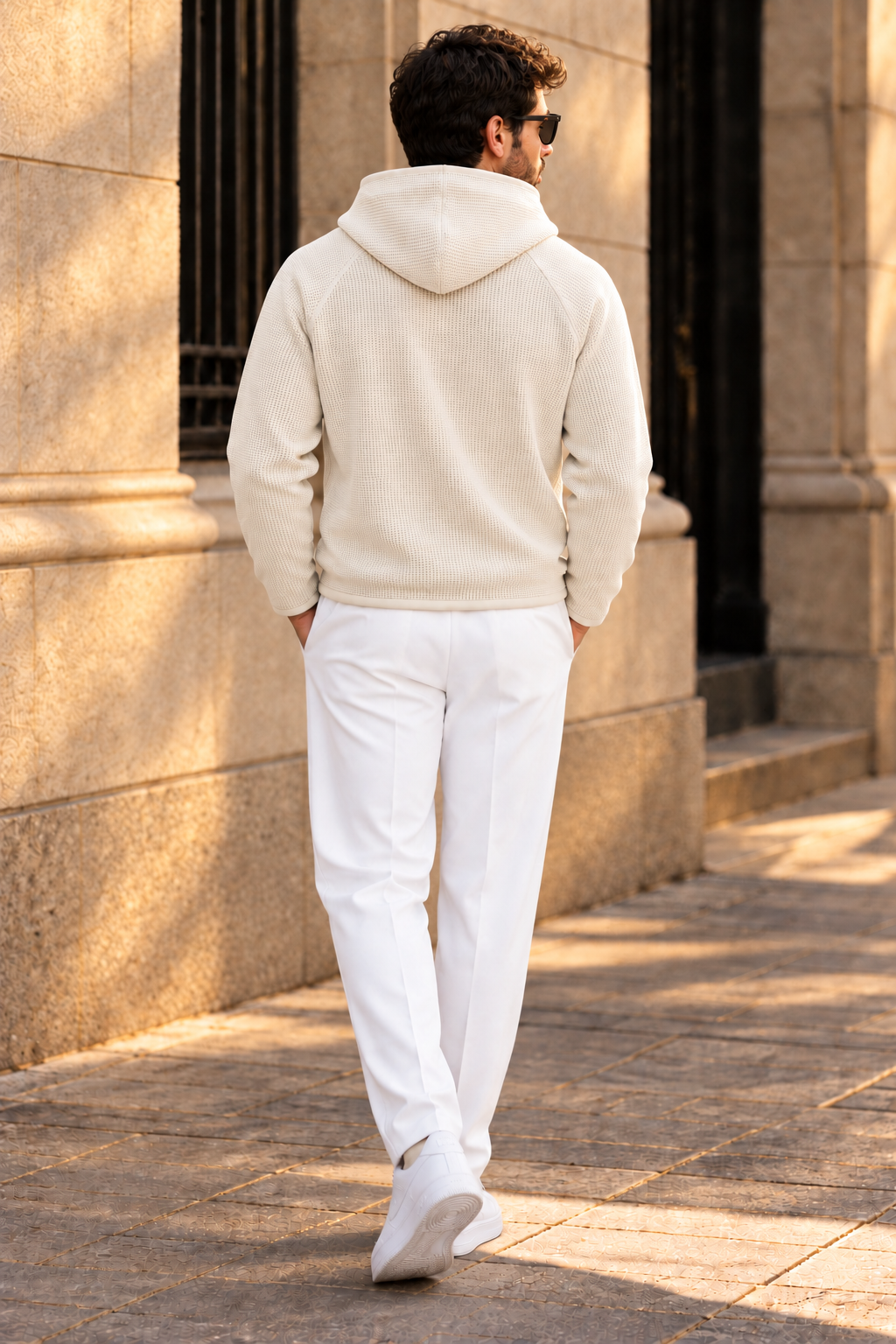 Men’s Off White Waffle Knit Hoodie | Cowl Neck Pullover