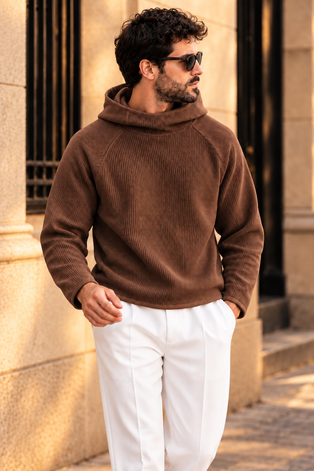 Men’s Brown Waffle Knit Hoodie | Cowl Neck Pullover