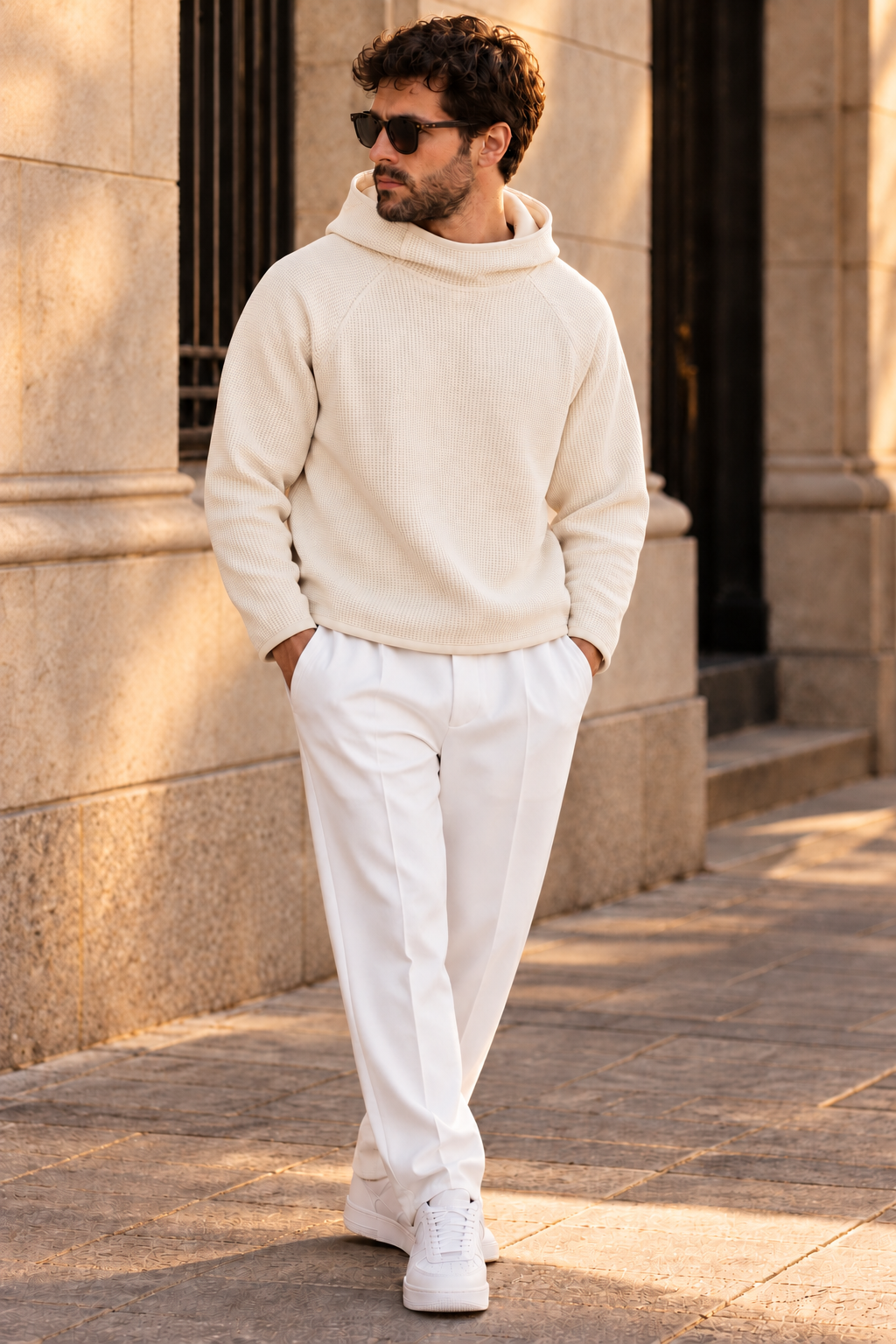 Men’s Off White Waffle Knit Hoodie | Cowl Neck Pullover