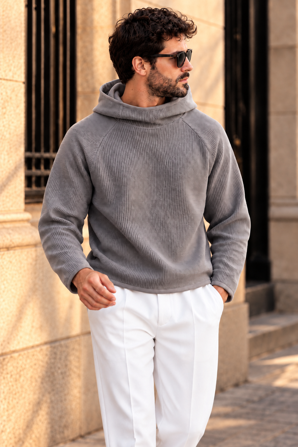 Men’s Grey Waffle Knit Hoodie | Cowl Neck Pullover