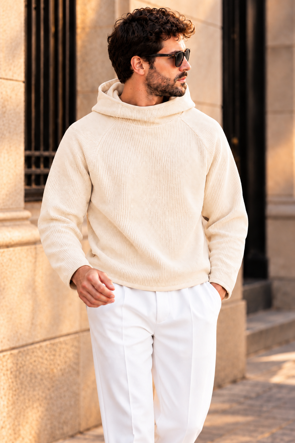 Men’s Off White Waffle Knit Hoodie | Cowl Neck Pullover