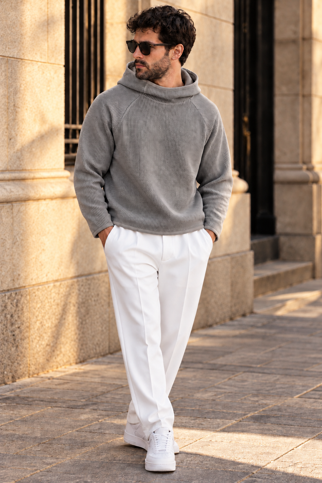 Men’s Grey Waffle Knit Hoodie | Cowl Neck Pullover