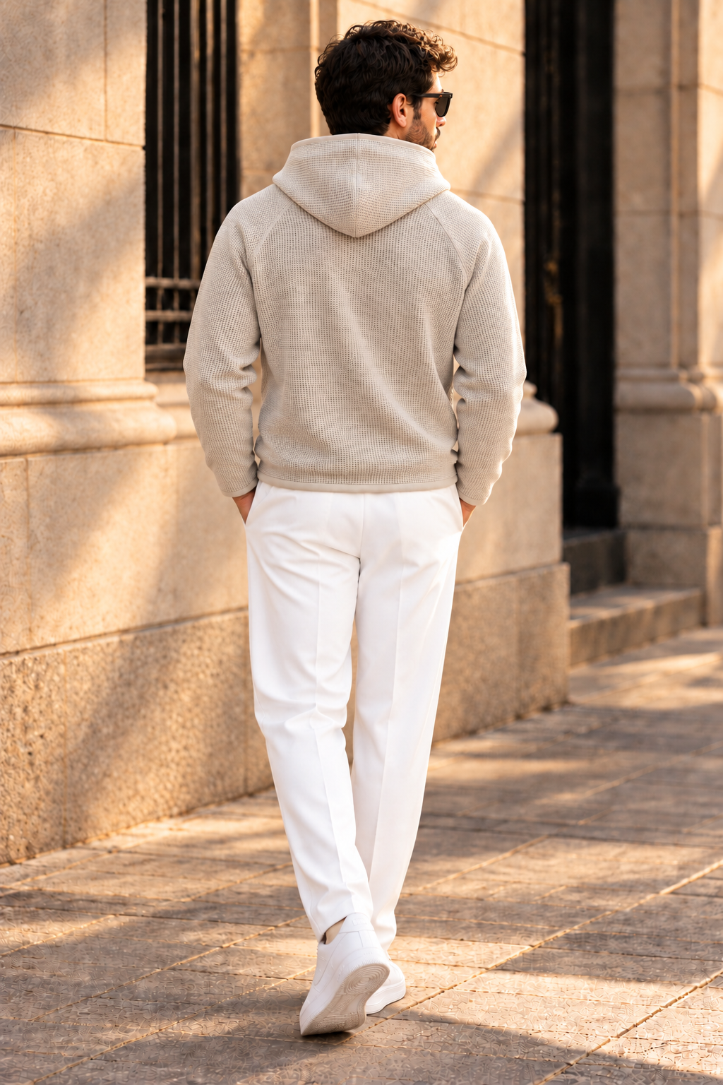 Men’s Beige Waffle Knit Hoodie | Cowl Neck Pullover
