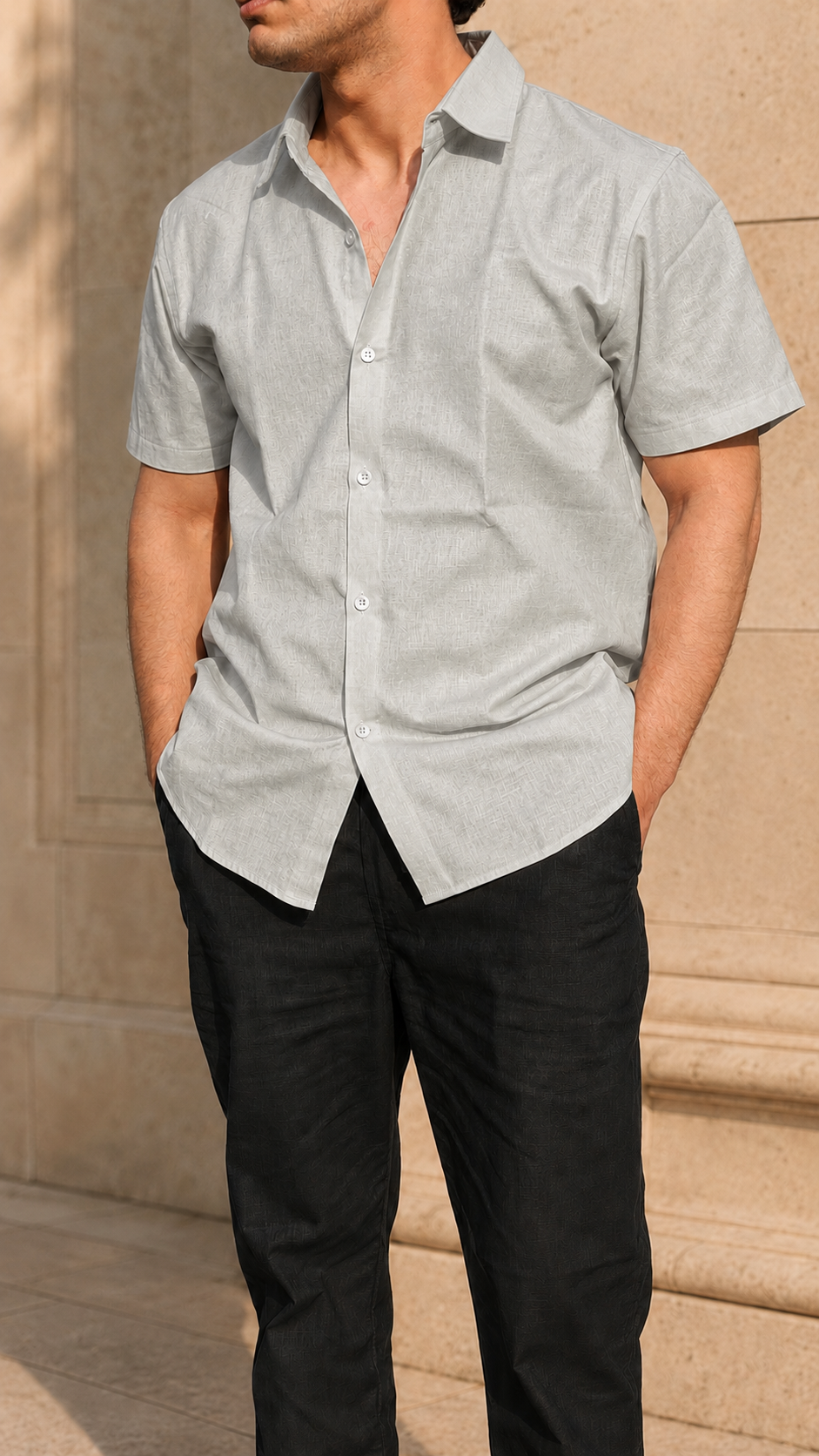 Half Sleeve Belgium Linen Pair For Men | Grey Shirt with Black Linen Pant by frenchcuff