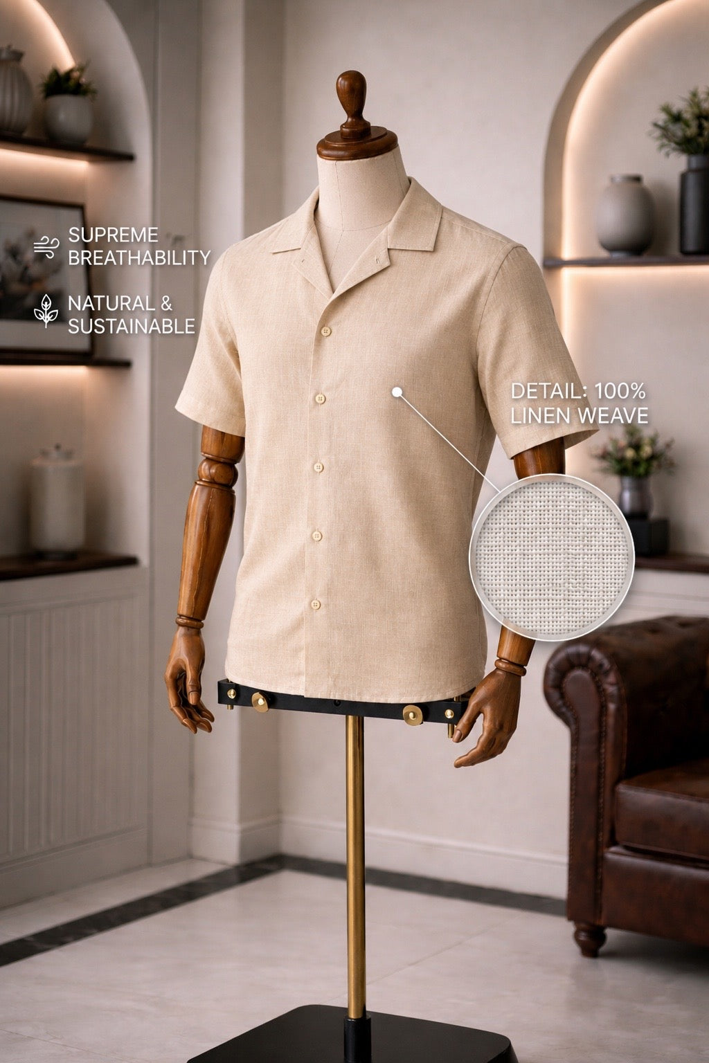 Cuban Collar Half Sleeve Men's Belgium Linen Beige Shirt | Summer Wear