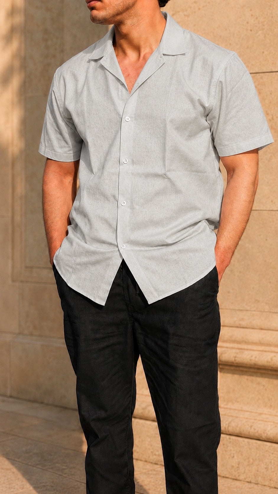 Cuban Collar Half Sleeve Men's Belgium Linen Light Grey Shirt | Summer Wear