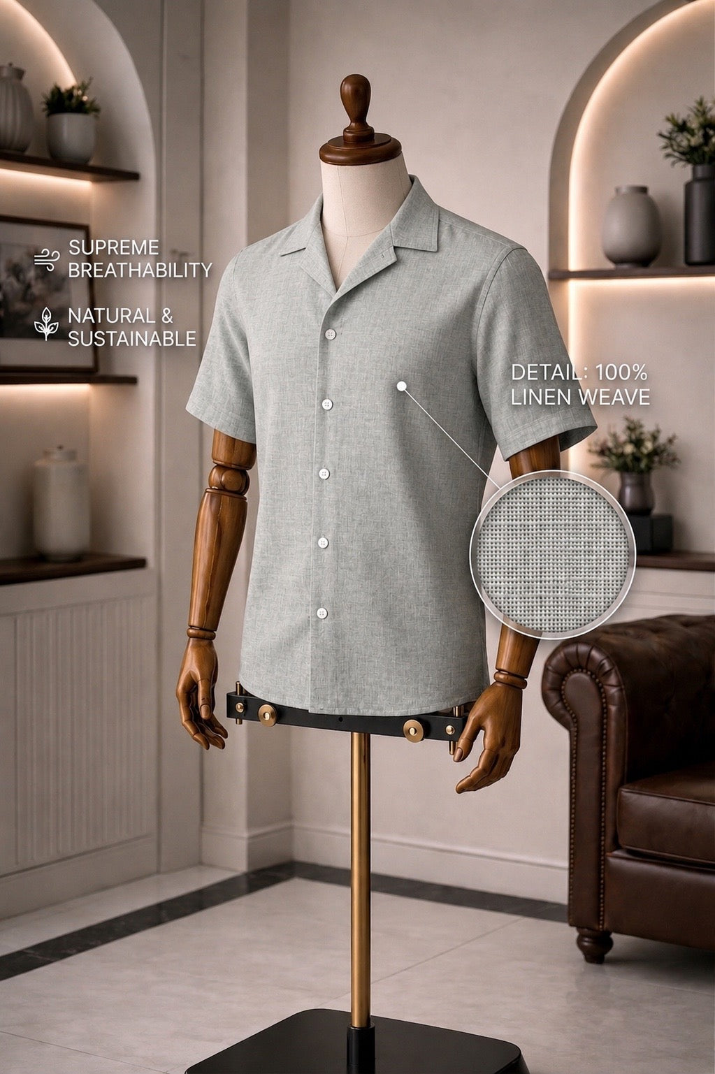 Cuban Collar Half Sleeve Men's Belgium Linen Light Grey Shirt | Summer Wear