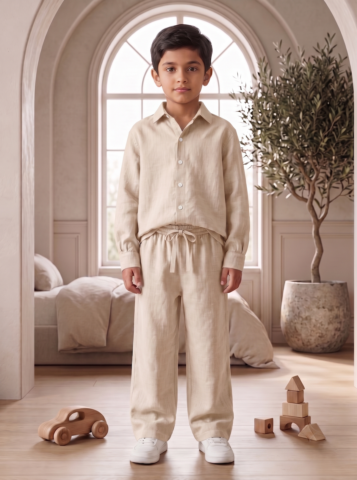 Kids Beige Linen Shirt & Trouser Co-ord Set | Premium Summer Wear