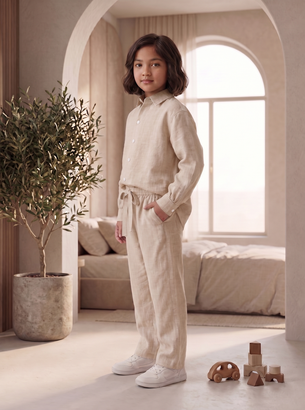 Kids Sage Beige Linen Co-ord Set | Premium Summer Wear