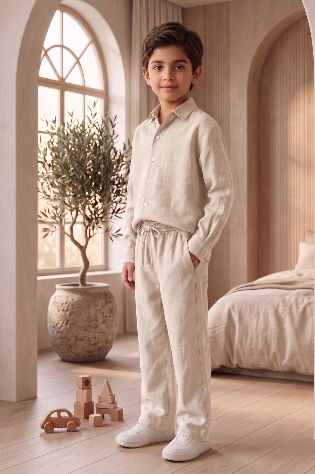 Kids Sage Beige Linen Co-ord Set | Premium Summer Wear