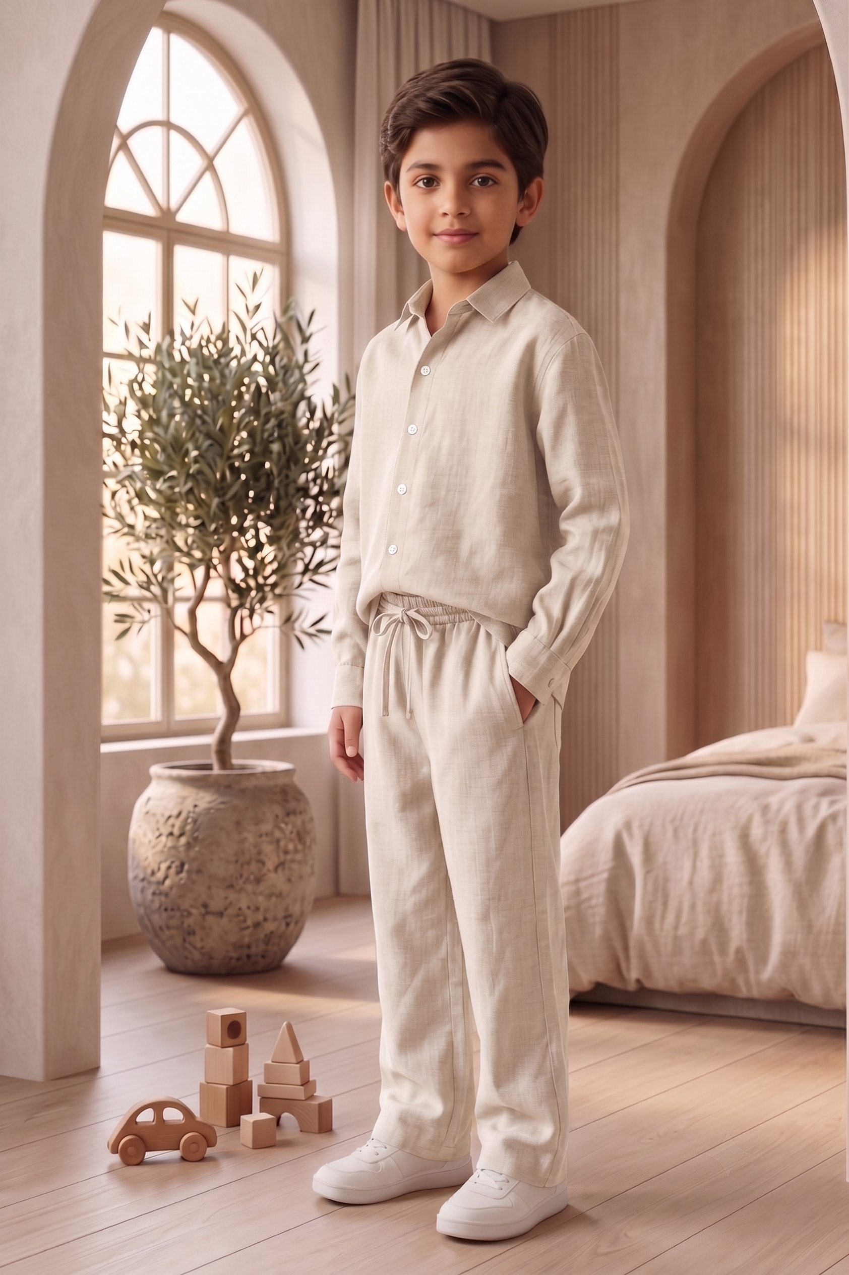 Kids Sage Beige Linen Co-ord Set | Premium Summer Wear