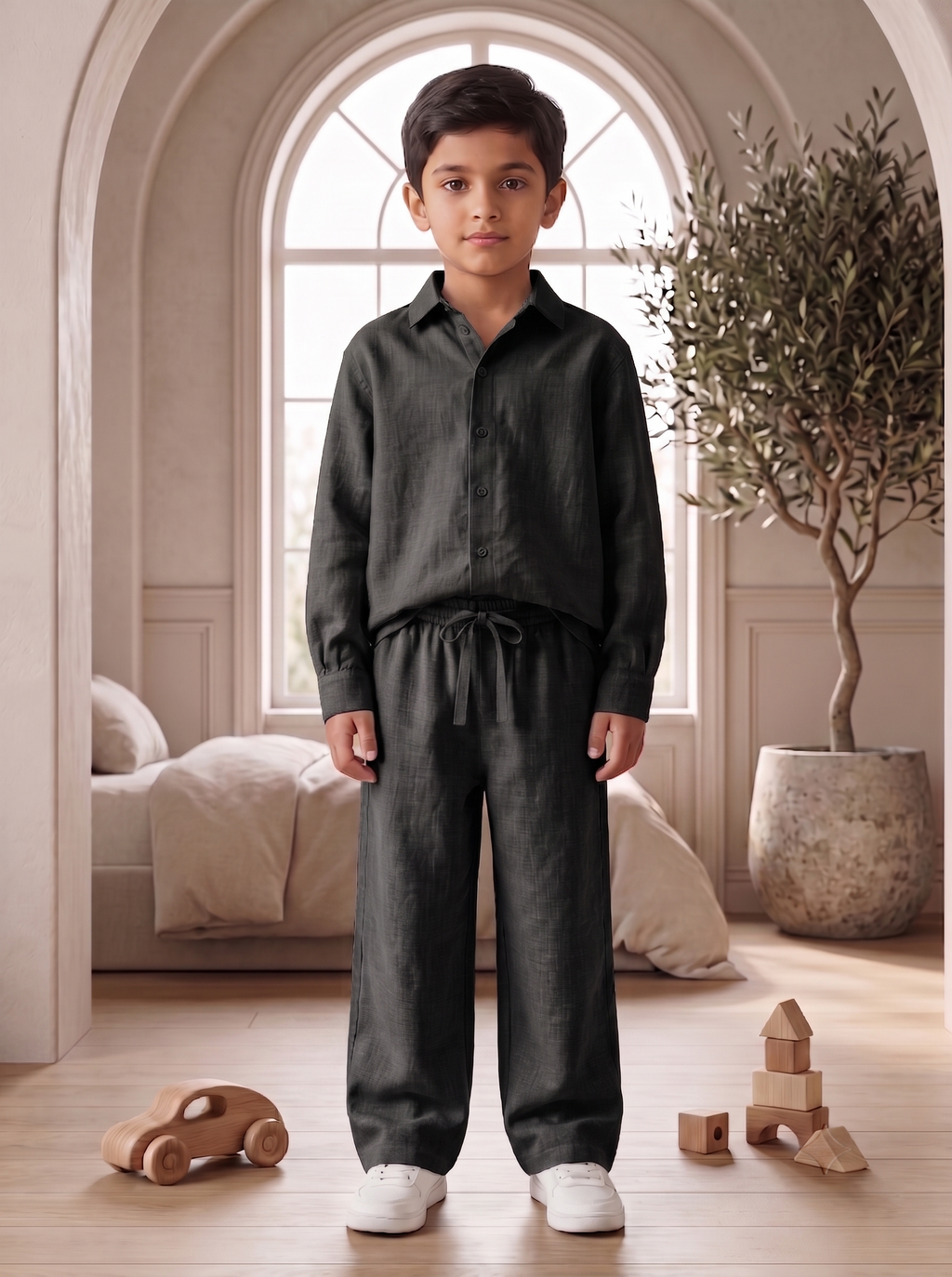 Kids Black Linen Shirt & Trouser Co-ord Set | Premium Summer Wear