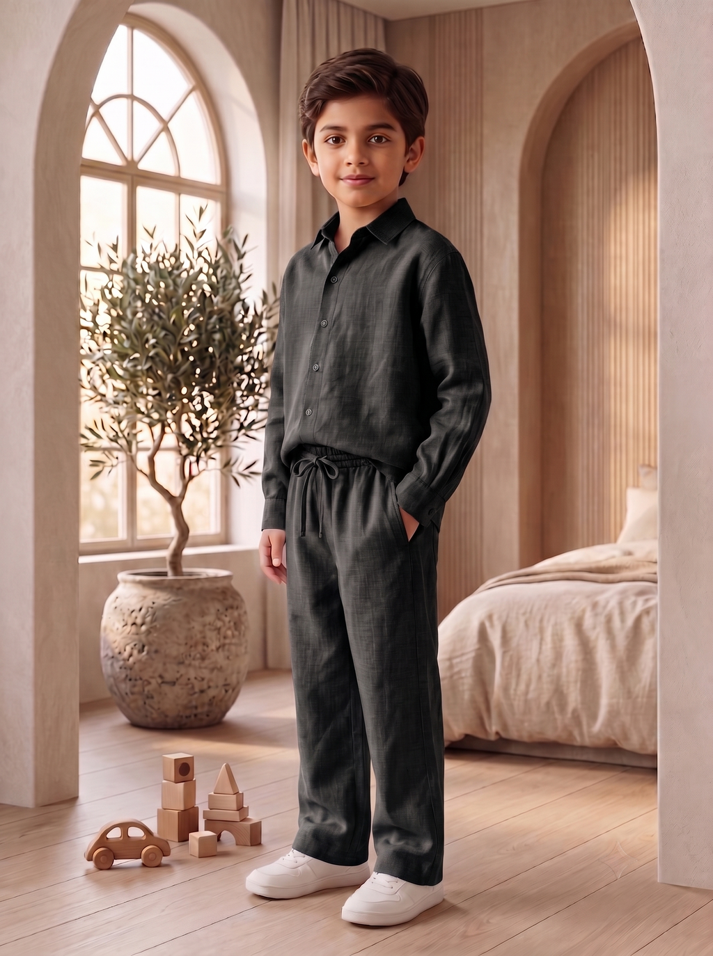 Kids Black Linen Shirt & Trouser Co-ord Set | Premium Summer Wear