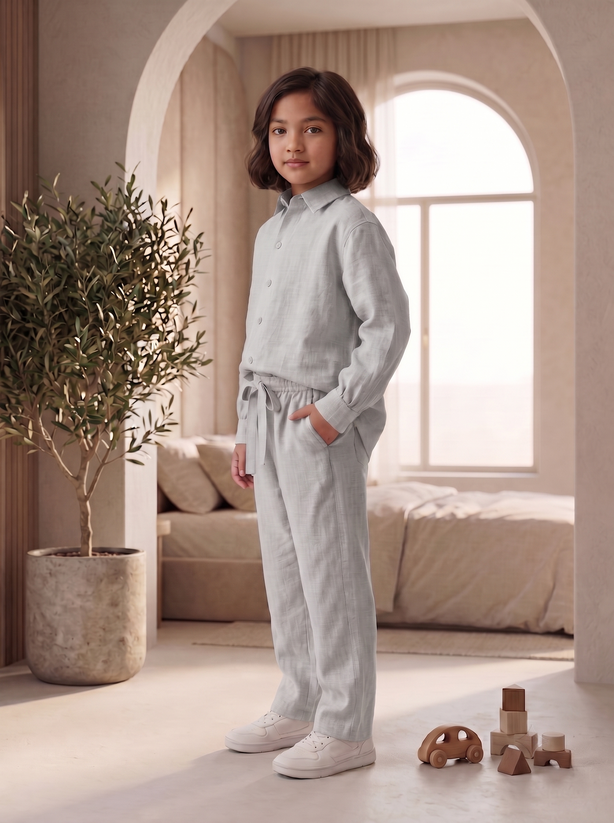 Kids Grey Linen Shirt & Trouser Co-ord Set | Premium Summer Wear