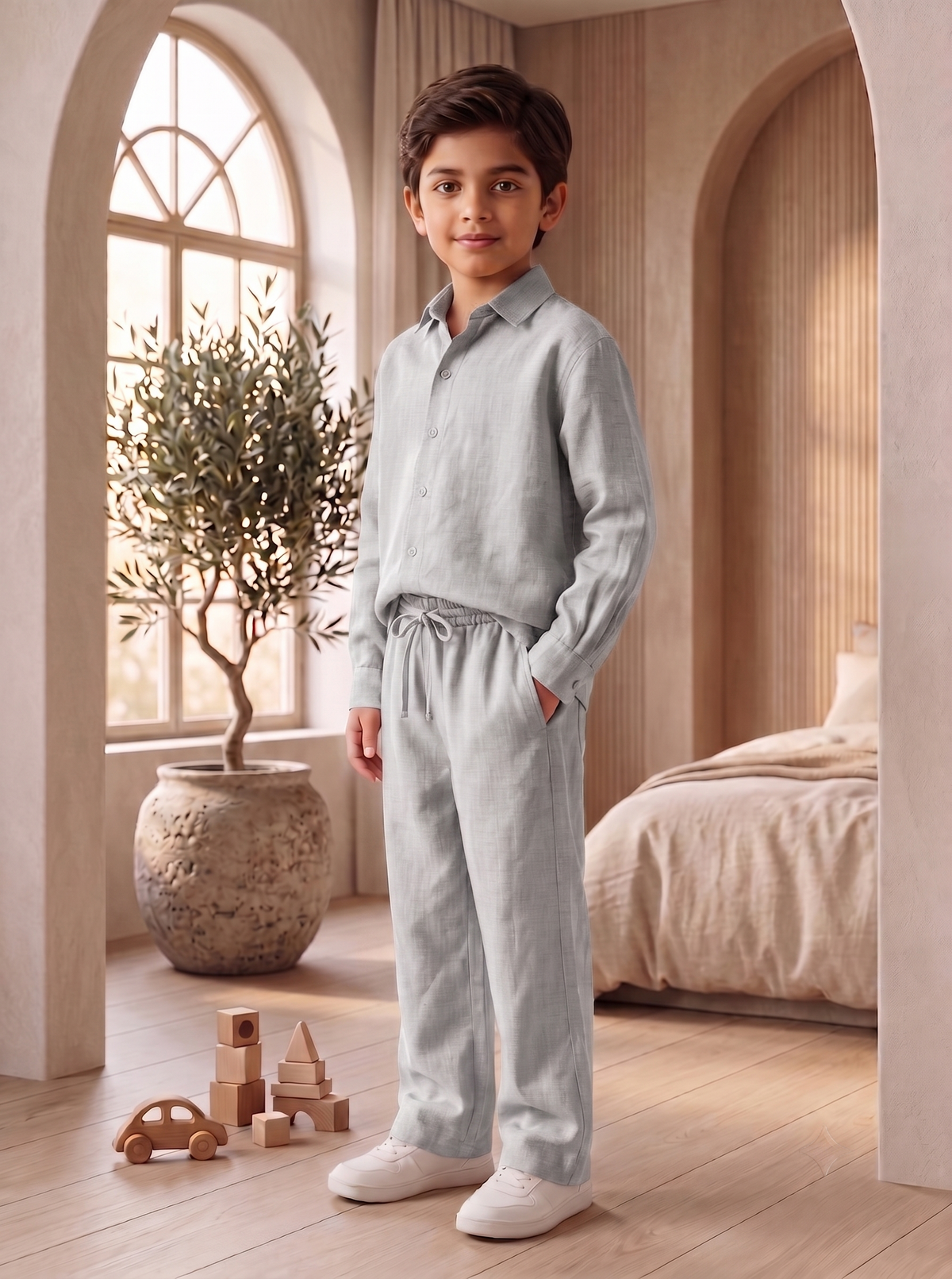 Kids Grey Linen Shirt & Trouser Co-ord Set | Premium Summer Wear