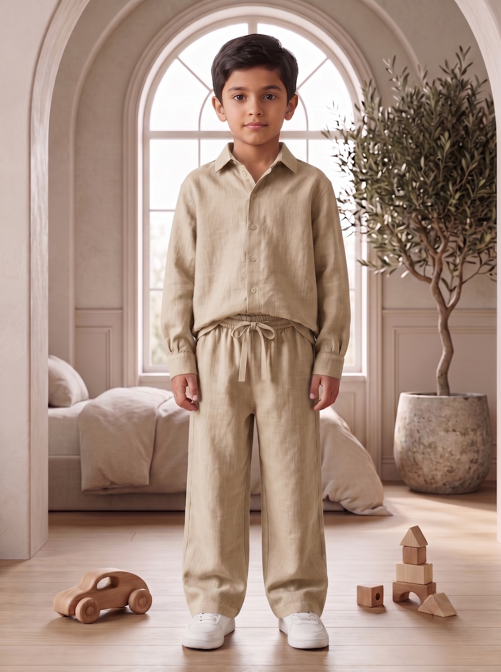 Kids Sage Khaki Linen Co-ord Set | Premium Summer Wear