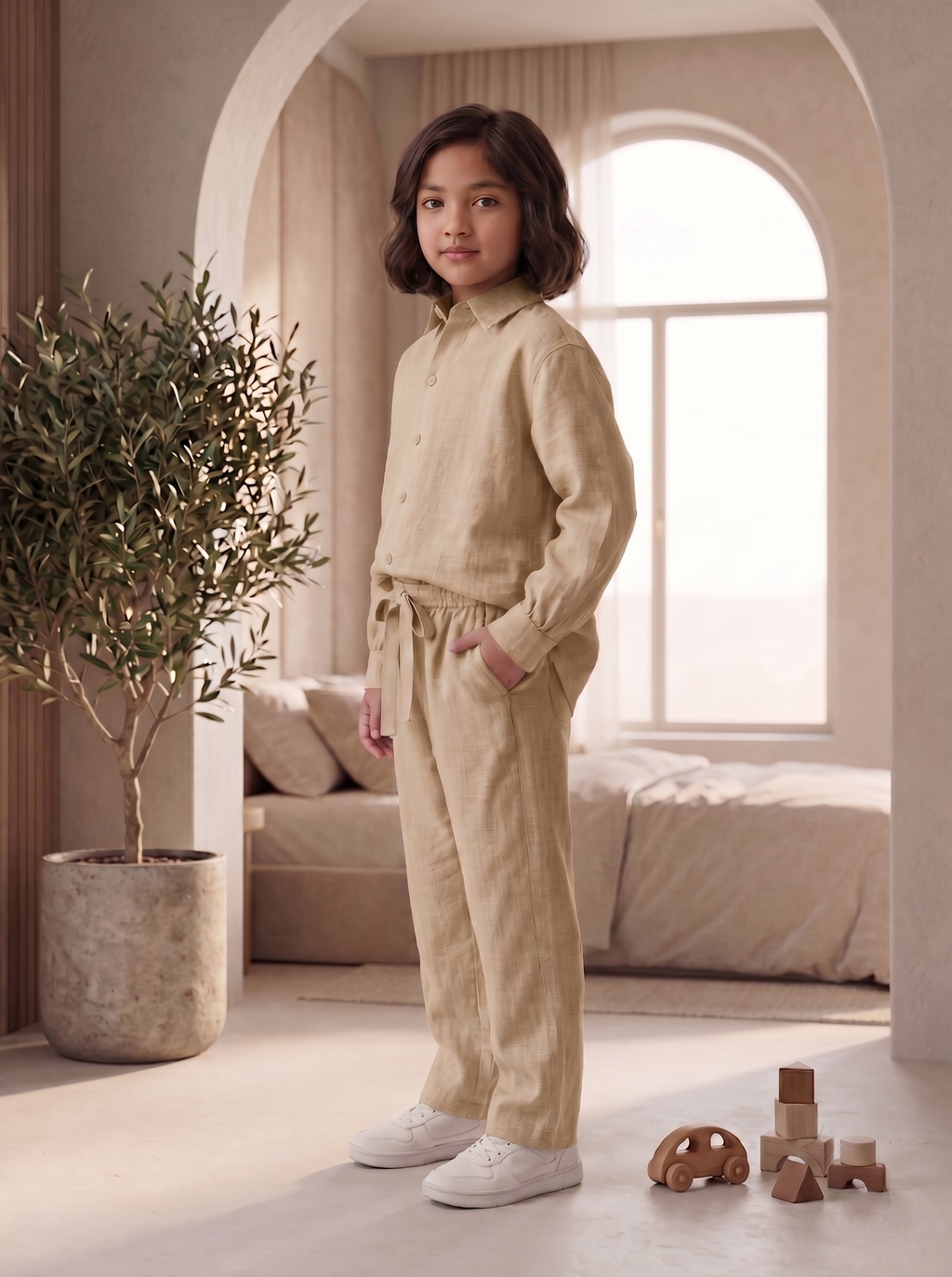 Kids Sage Khaki Linen Co-ord Set | Premium Summer Wear