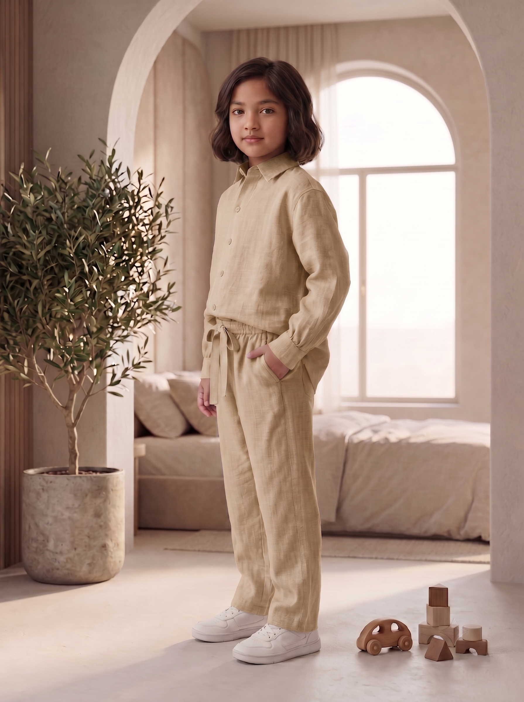 Kids Sage Khaki Linen Co-ord Set | Premium Summer Wear
