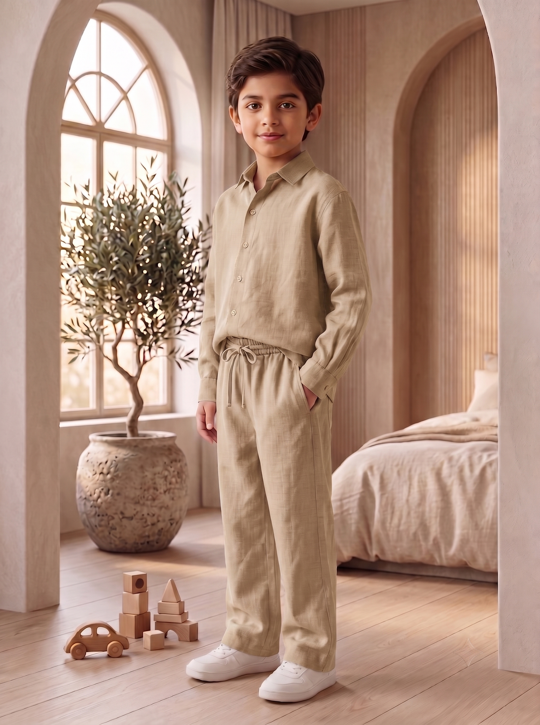 Kids Sage Khaki Linen Co-ord Set | Premium Summer Wear
