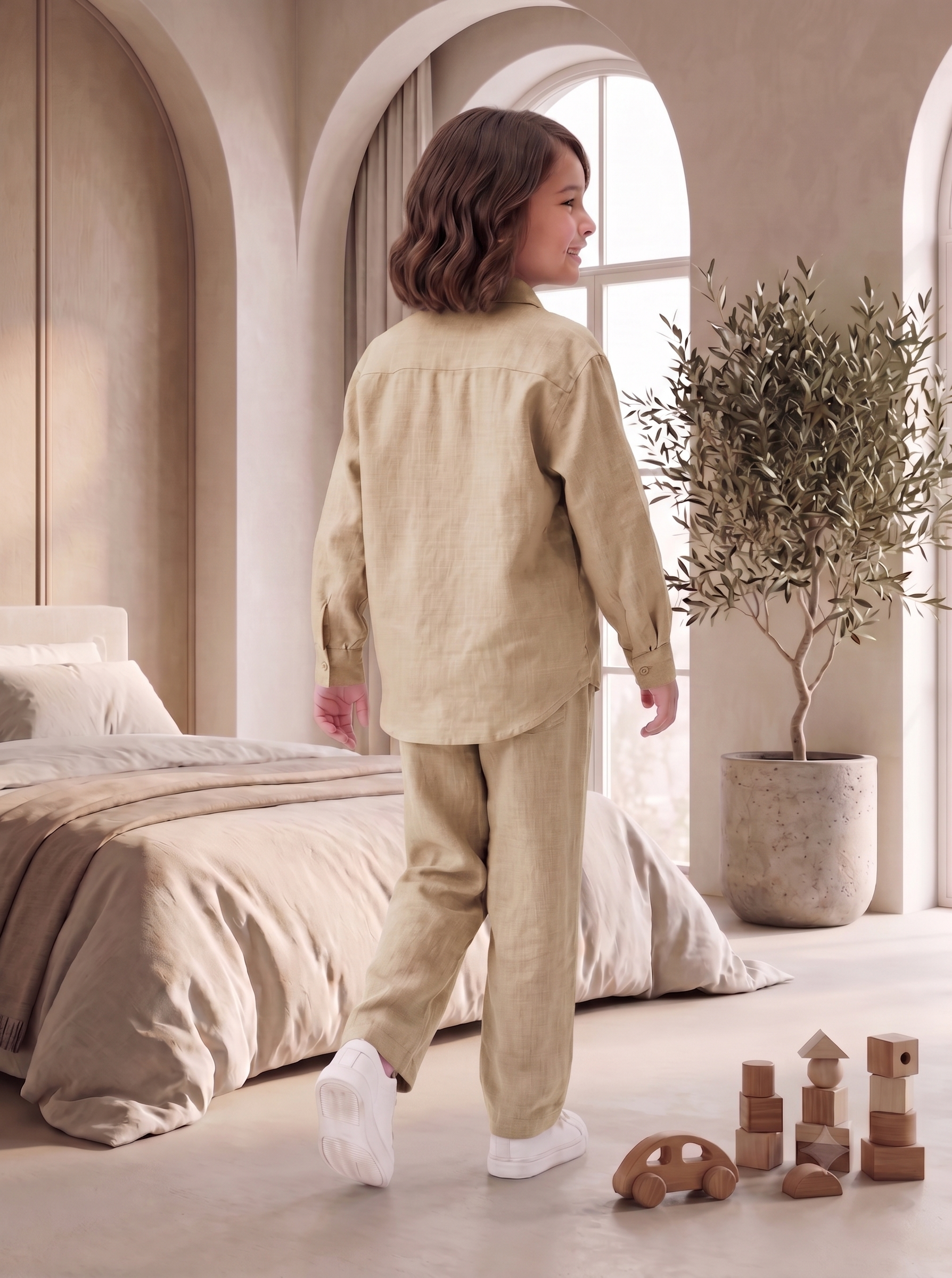 Kids Sage Khaki Linen Co-ord Set | Premium Summer Wear