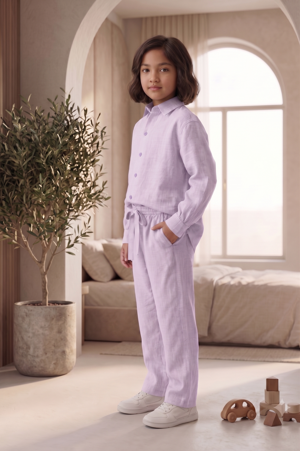 Kids Sage Lavender Linen Co-ord Set | Premium Summer Wear